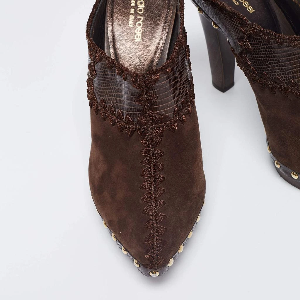 Sergio Rossi Brown Lizard Embossed Leather and Suede Studded Platform Mules Size 38 商品