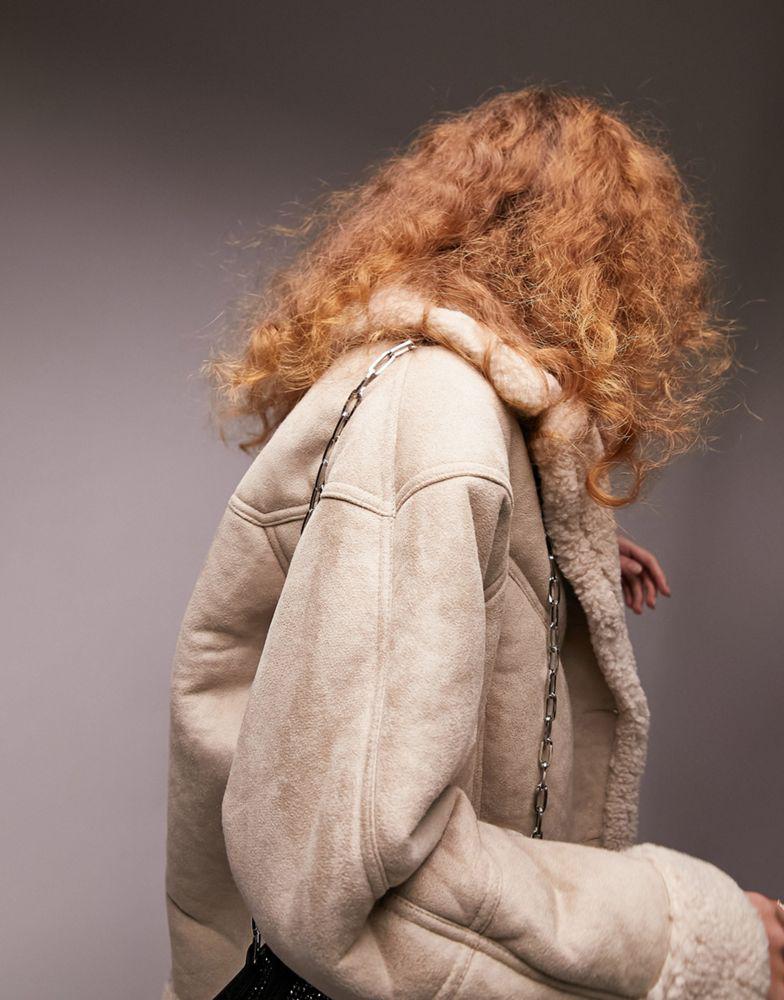 Topshop faux shearling car coat in taupe商品第4张图片规格展示