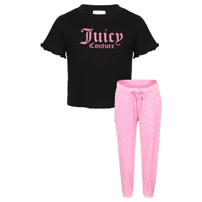 商品Juicy Couture|Quarter zip logo sweatshirt ribbed cropped top and velour loose jogging pants set in pink and black,价格¥2217,第1张图片