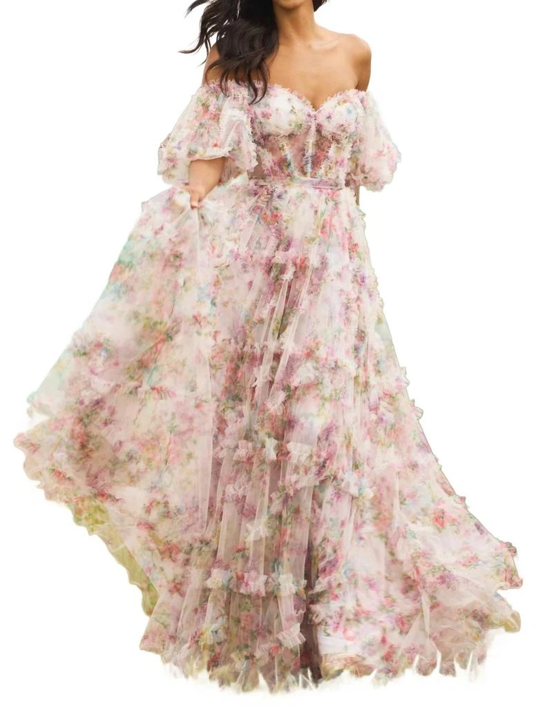 商品Sherri Hill|Tulle Floral Print Gown In Bright Pink Print,价格¥6719,第1张图片