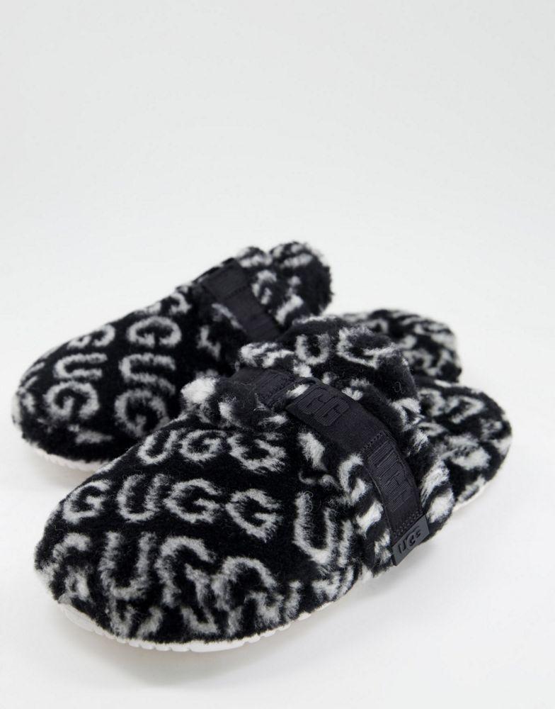 UGG fluff it pop sheepskin slippers in all over logo print black商品第1张图片规格展示