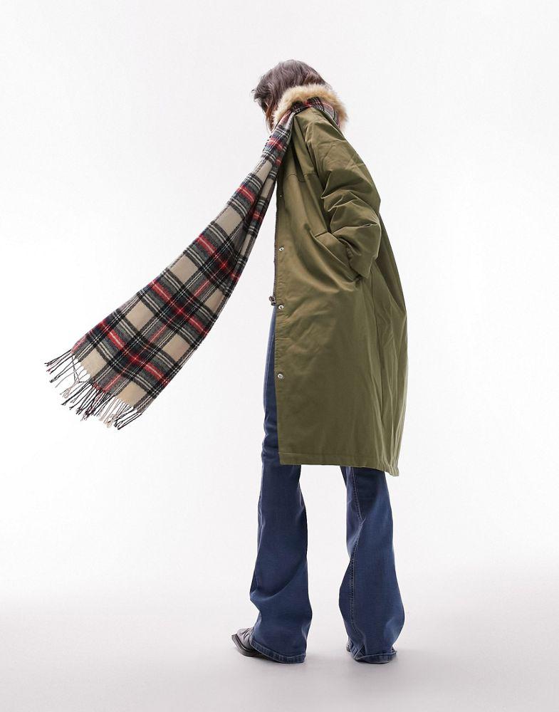 Topshop longline parker jacket with faux fur collar in khaki商品第4张图片规格展示