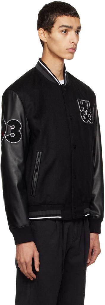 Black Varsity Faux-Leather Bomber Jacket商品第2张图片规格展示