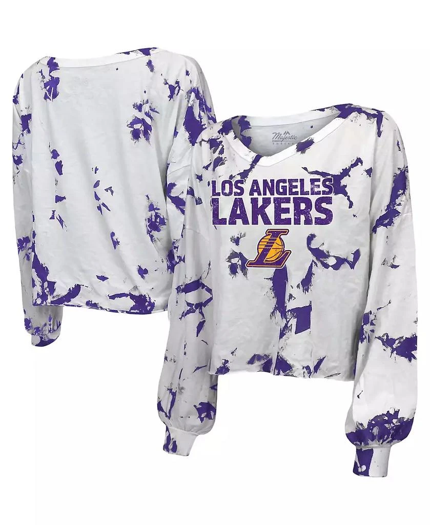 商品Majestic|Women's Threads White Los Angeles Lakers Aquarius Tie-Dye Cropped V-Neck Long Sleeve T-shirt,价格¥455,第1张图片