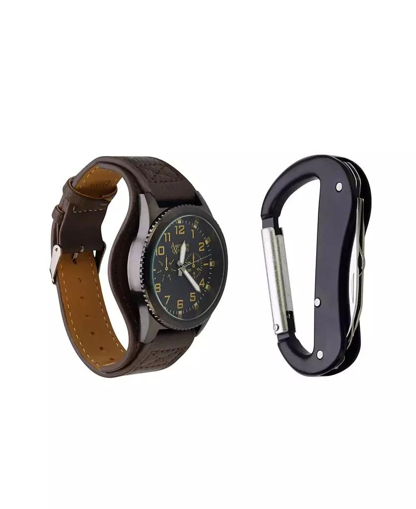 商品American Exchange|Men's Quartz Movement Black Leather Strap Analog Watch, 44mm and Carabiner Tool with Zippered Travel Pouch,价格¥150,第2张图片详细描述