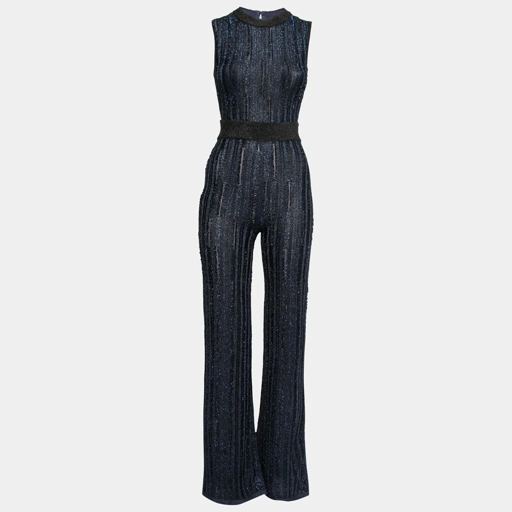 商品[二手商品] Herve Leger|Herve Leger Metallic Blue & Black Stretch Knit Frayed Ribbed Detail Jumpsuit M,价格¥3548,第1张图片