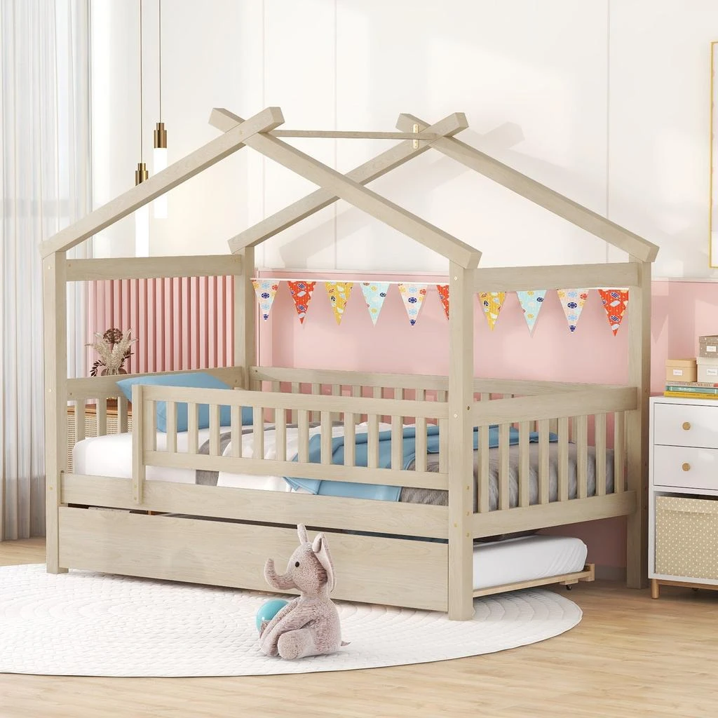 商品Streamdale Furniture|Streamdale Twin Size Wooden House Bed With Twin Size Trundle,价格¥4000,第2张图片详细描述