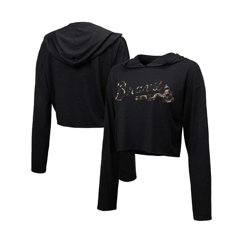 商品Majestic|Women's Threads Black Atlanta Braves Leopard Cropped Hoodie,价格¥358,第1张图片