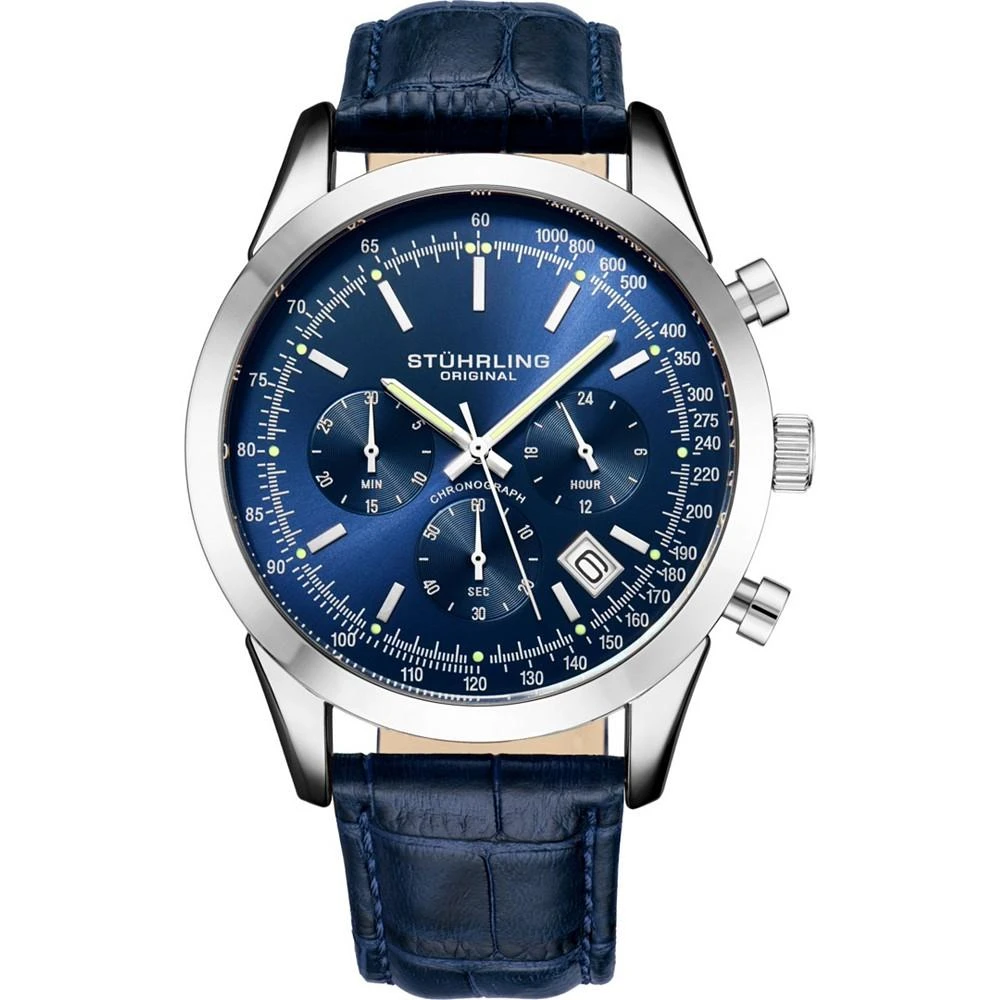 商品Stuhrling|Men's Quartz Chronograph Date Blue Alligator Embossed Genuine Leather Strap Watch 44mm,价格¥592,第1张图片