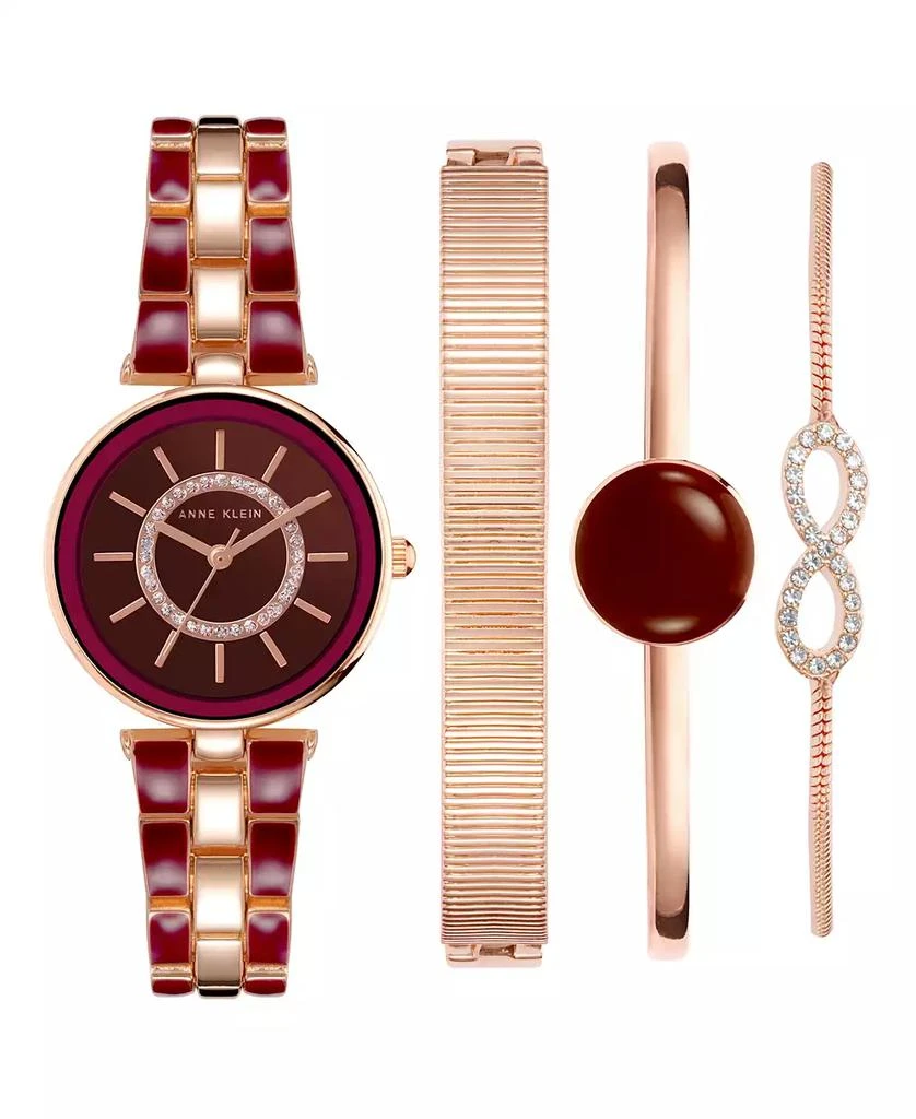 商品Anne Klein|Women's Rose Gold-Tone Alloy Bracelet with Burgundy Enamel and Crystal Accents Fashion Watch 34mm Set 4 Pieces,价格¥654,第1张图片