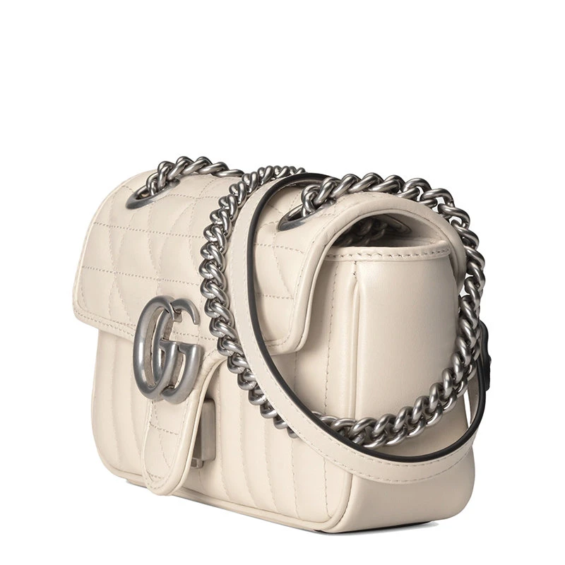 商品Gucci|【预售3-7天】GUCCI/古驰 21秋冬GG Marmont系列 女士迷你白色绗缝皮革复古银饰双G翻盖斜挎单肩链条包446744UM8AN9022,价格¥15656,第4张图片详细��描述