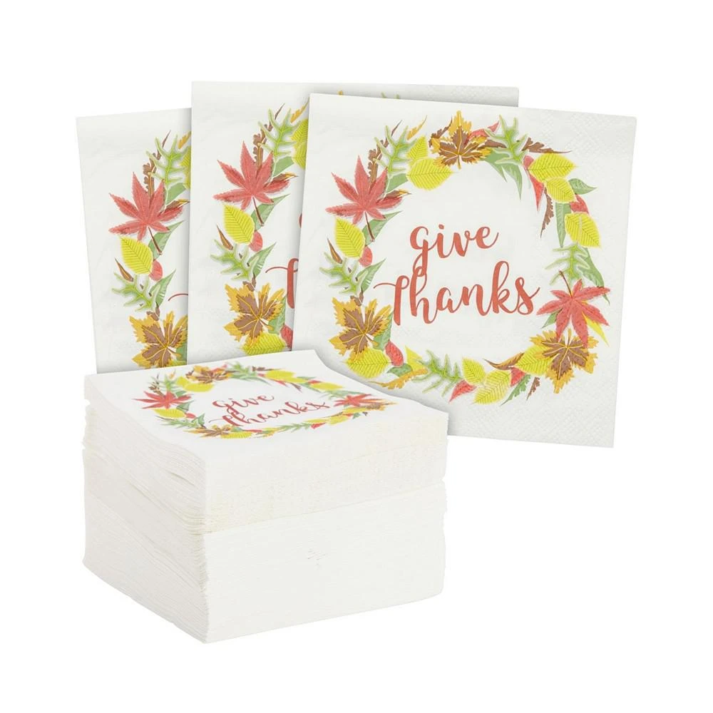 商品Blue Panda|100 Pack Give Thanks Thanksgiving Cocktail Napkins, Fall Leaves Wreath Design (5 x 5 In),价格¥127,第1张图片