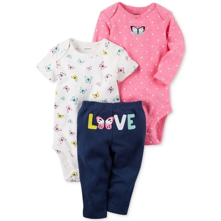 商品Carter's|3-Pc. Butterfly Love Bodysuits & Pants Set, Baby Girls,价格¥75,第1张图片