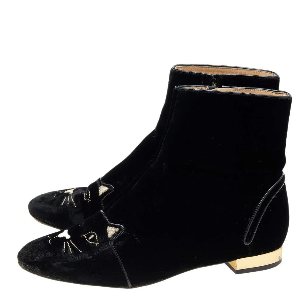 商品[二手商品] Charlotte Olympia|Charlotte Olympia Black Velvet Cat Embroidered Ankle Boots Size 39,价格¥890,第4张图片详细描述