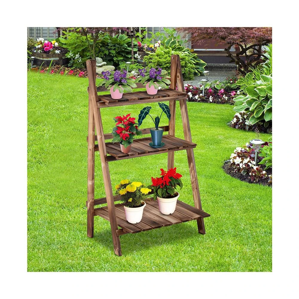 商品Outsunny|3 Tier Ladder-style Wooden Flower Plant Stand Outdoor Garden Shelf,价格¥499,第3张图片详细描述