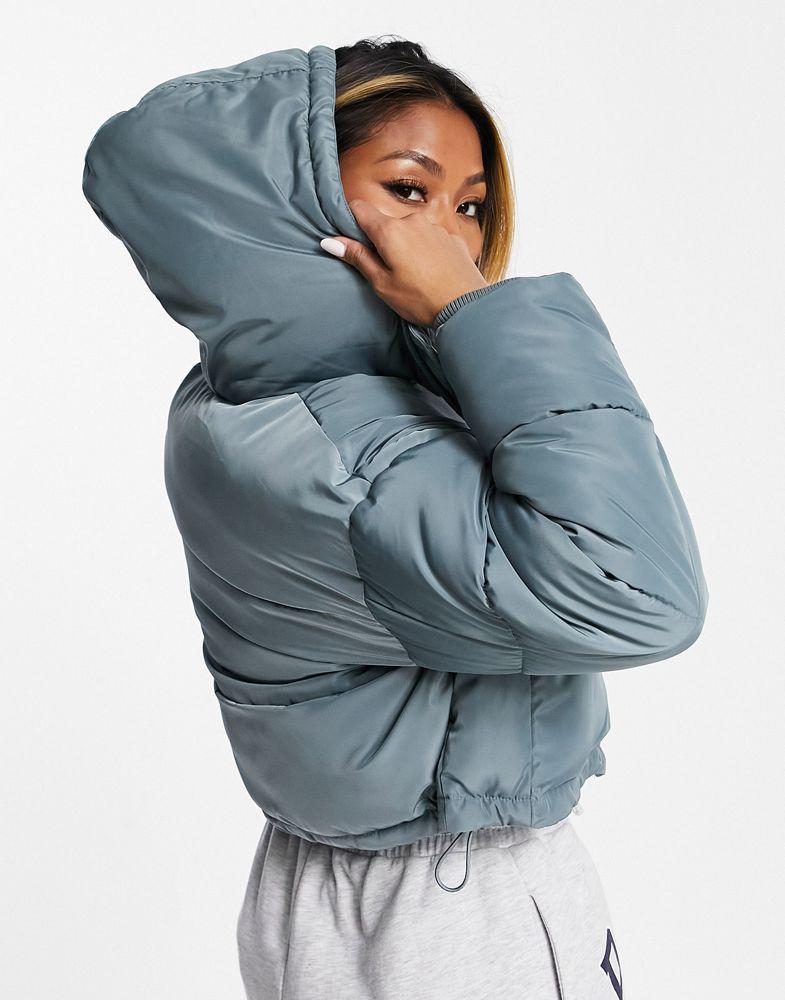 Topshop padded crop puffer jacket with hood in blue商品第2张图片规格展示