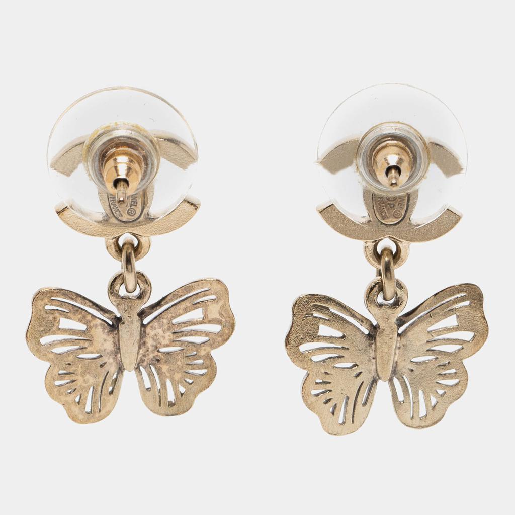 Chanel Pale Gold Tone Crystal CC Butterfly Drop Earrings商品第3张图片规格展示