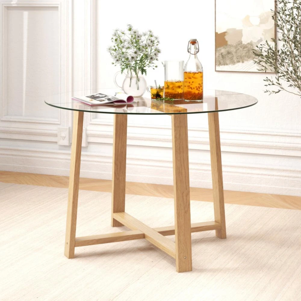 商品Hivvago|42 Inches Round Glass Dining Table with Tempered Glass Tabletop and Rubber Wood Legs-Natural,价格¥2088,第2张图片详细描述