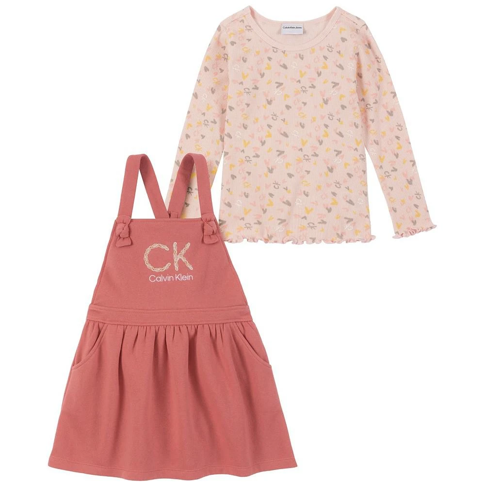 商品Calvin Klein|Little Girls Ribbed Print Jersey T-shirt and Fleece Apron Jumper, 2 Piece Set,价格¥437,第1张图片