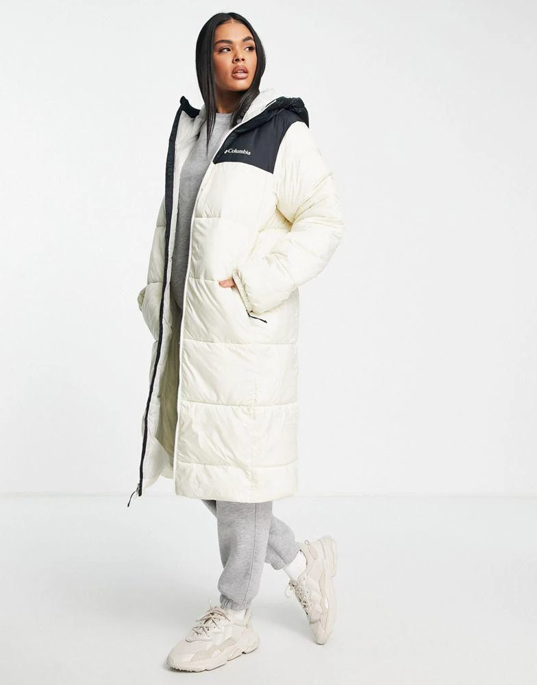 商品Columbia|Columbia Puffect long line puffer coat in beige/black Exclusive at ASOS,价格¥955,第3张图片详细描述