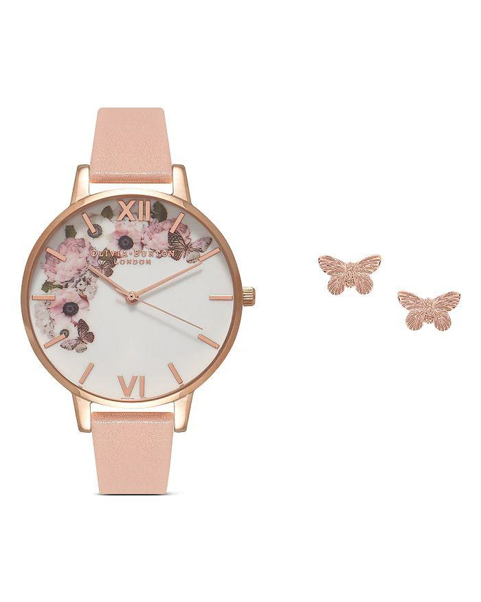 商品Olivia Burton|Signature Florals Dusty Pink Leather Strap Watch & 3D Butterfly Stud Earrings Gift Set, 38mm,价格¥936,第3张图片详细描述