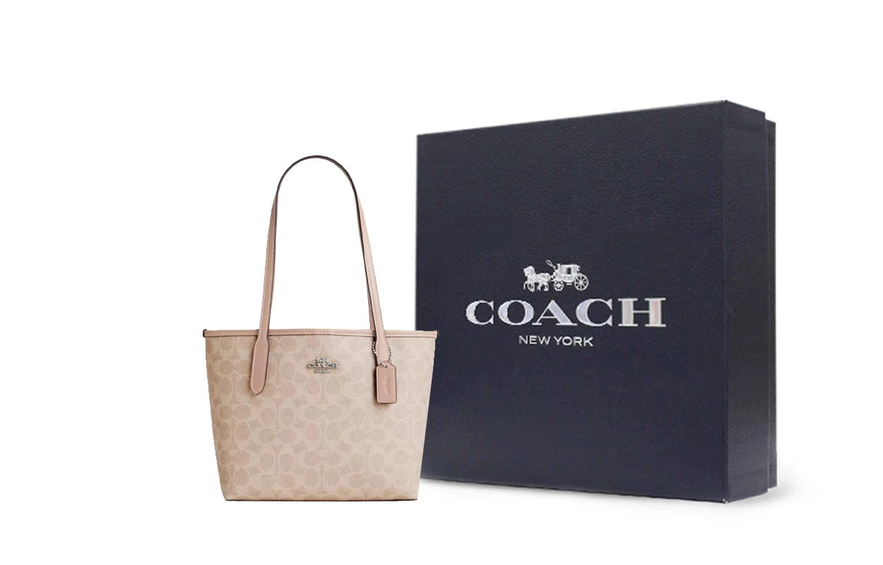 商品[国内直发] Coach|蔻驰 City 23 经典老花��金属徽标 涂层帆布拼皮革 托特包Tote包购物袋单肩手提包 中号 女款 银色拼沙色,价格¥1729,第6张图片详细描述