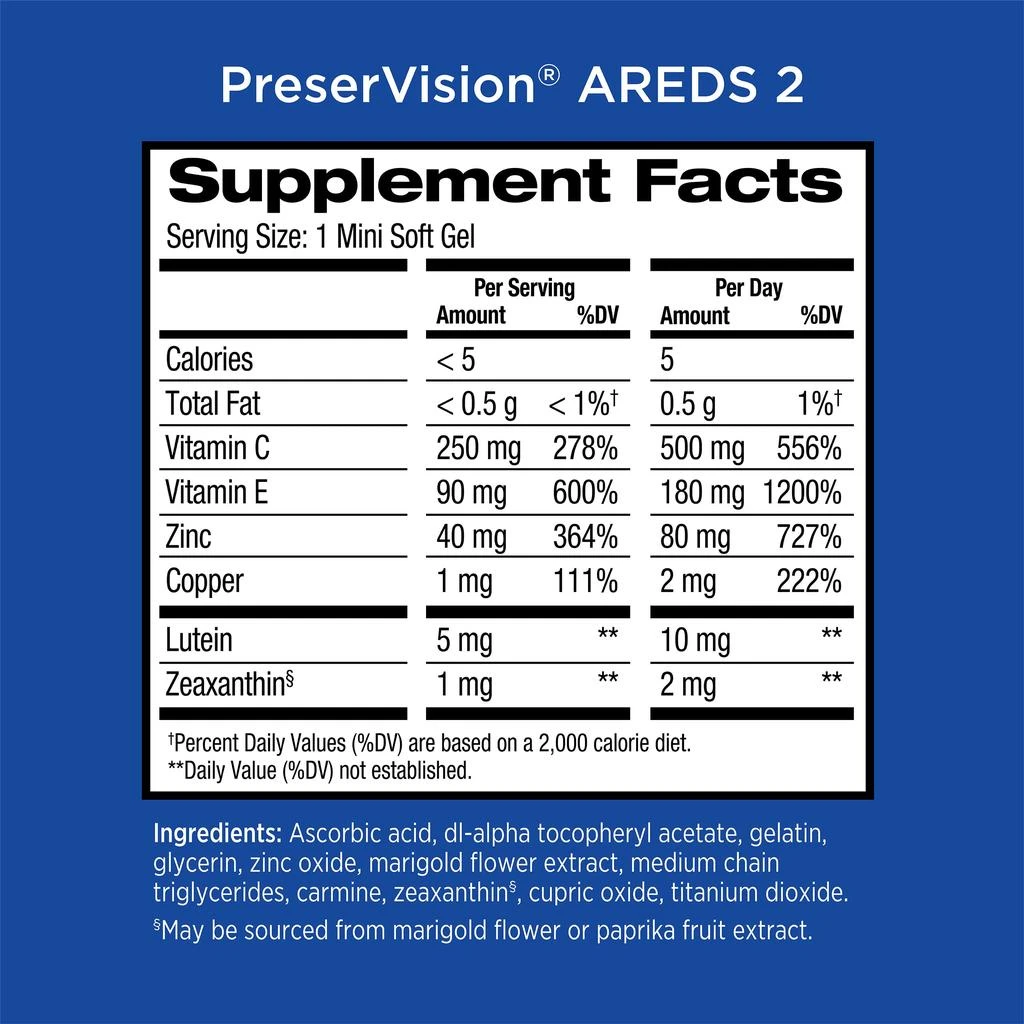 商品PreserVision|PreserVision AREDS 2 Eye Vitamin & Mineral Supplement, Contains Lutein, Vitamin C, Zeaxanthin, Zinc & Vitamin E, 60 Minigels (Packaging May Vary),价格¥157,第5张图片详细描述