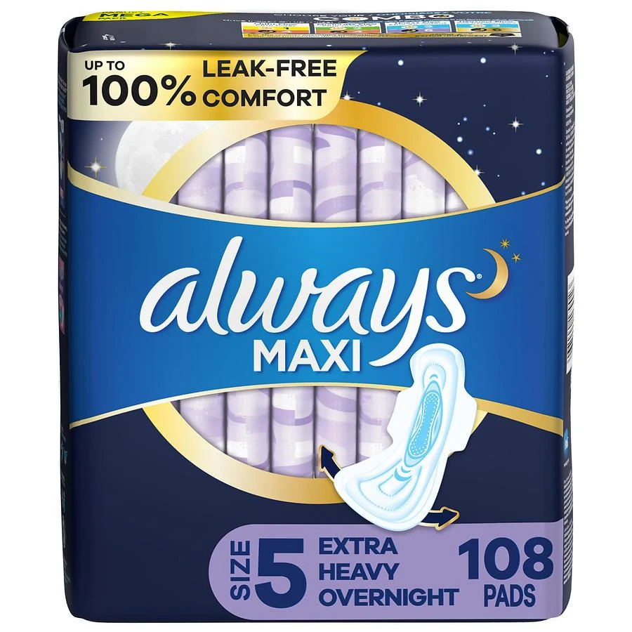 商品Always|Maxi Pads, Extra Heavy Overnight with Wings Unscented, Size 5,价格¥327,第1张图片