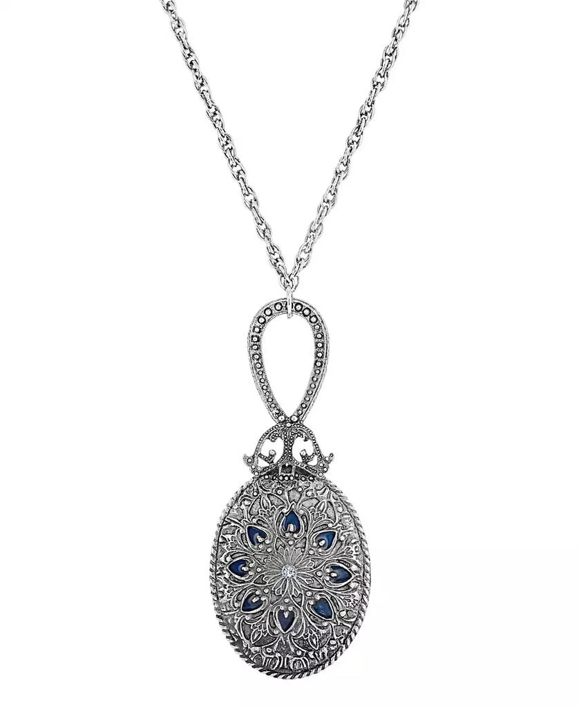 商品2028|Silver-Tone, Pewter Oval Mirror With Blue Enamel and Light Sapphire Necklace,价格¥247,第1张图片