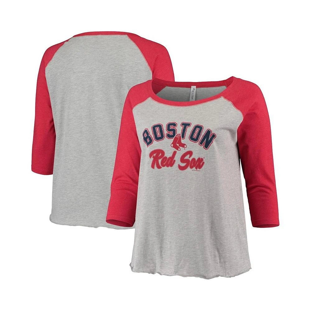 商品Soft As A Grape|Women's Heather Gray, Red Boston Red Sox Plus Size Baseball Raglan 3/4 Sleeve T-shirt,价格¥298,第1张图片