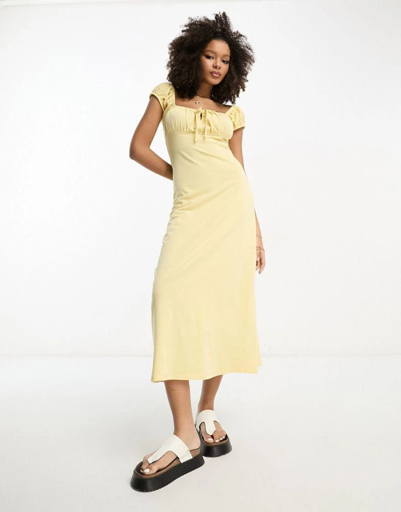 商品ASOS|ASOS DESIGN cap sleeve ruched midi dress with tie detail in lemon,价格¥161,第1张图片