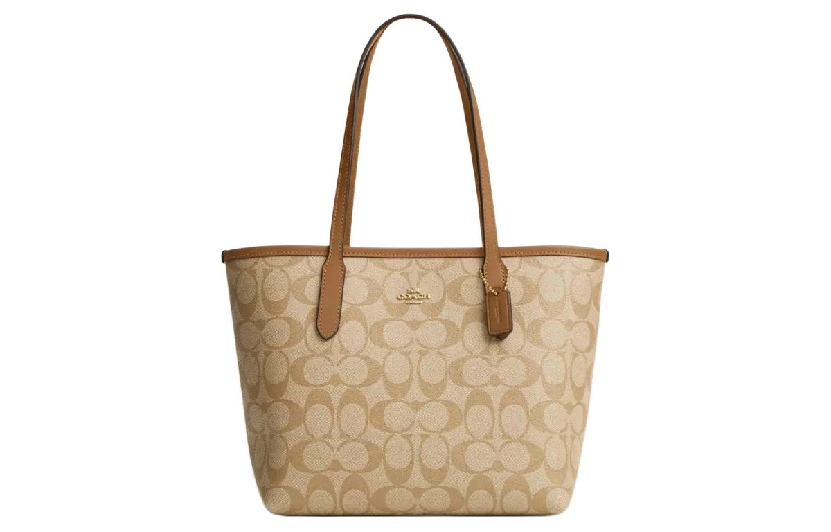 商品[国内直发] Coach|蔻驰 City 23 金标Logo经典老花按扣 帆布 托特包Tote包购物袋单肩包 女款 浅卡其色拼浅马鞍色,价格¥1454,第1张图片