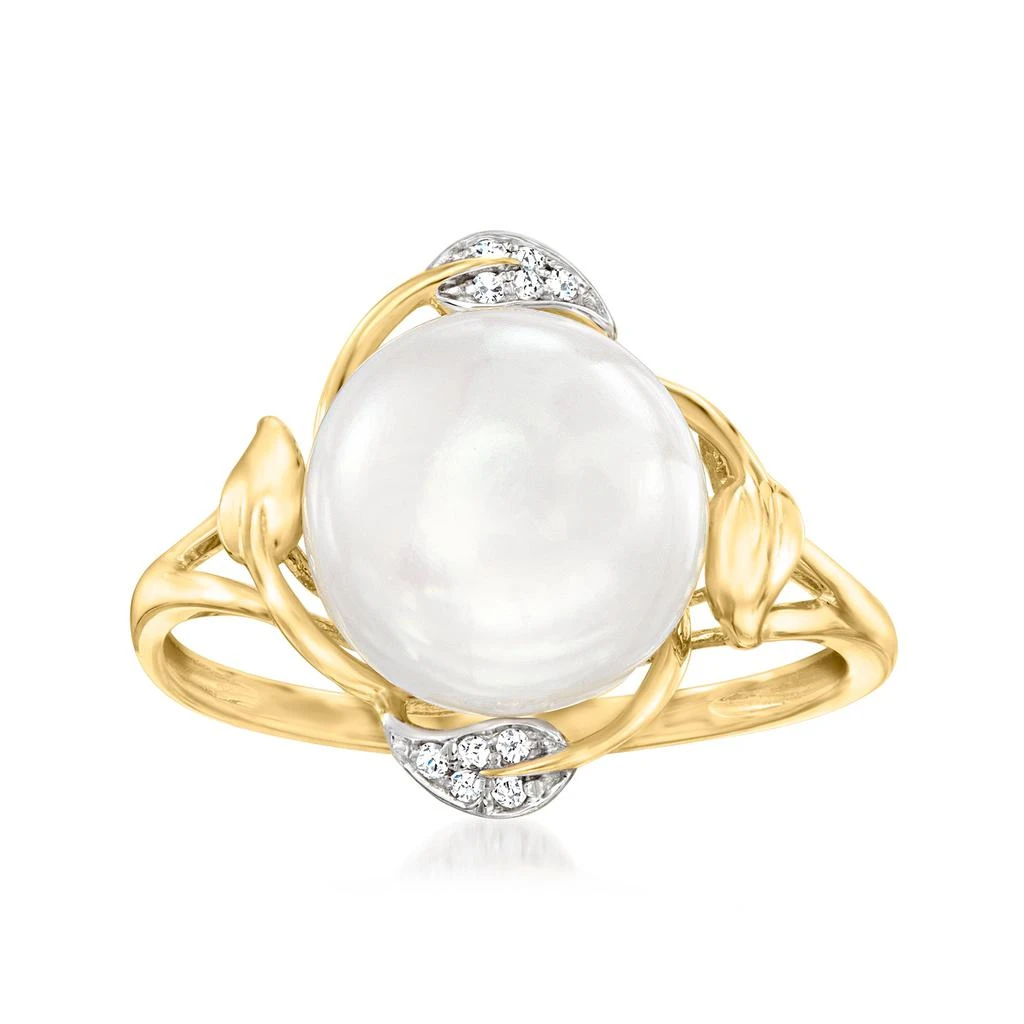 商品Ross-Simons|10-10.5mm Cultured Pearl Leaf Ring With Diamond Accents in 14kt Yellow Gold,价格¥3539,第1张图片