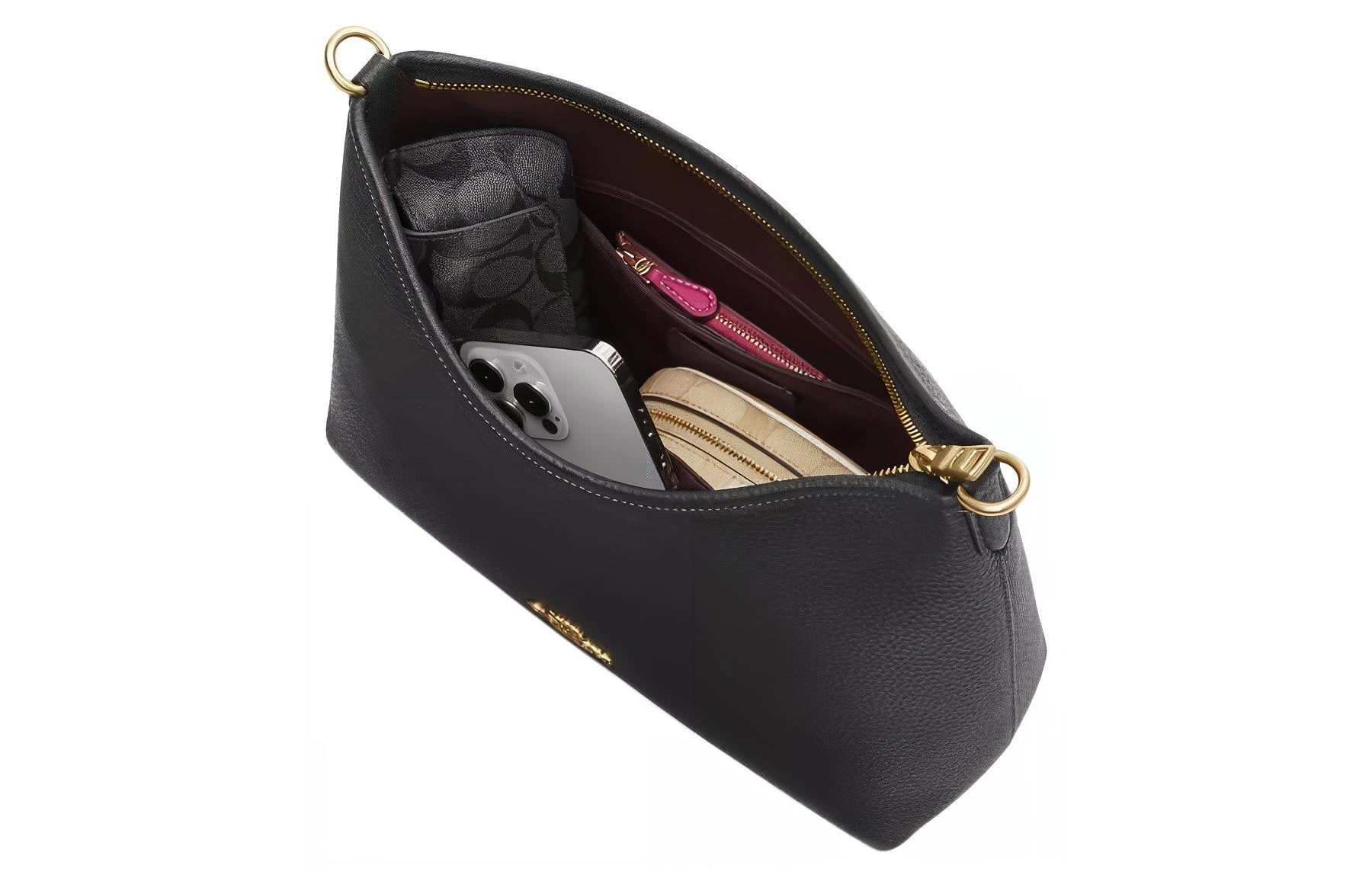 商品[国内直发] Coach|蔻驰 Laurel 31 徽标Logo拉链开合 鹅卵石皮革 手提斜挎单肩包 大号 女款 金色拼黑色,价格¥2945,第4张图片详细描述