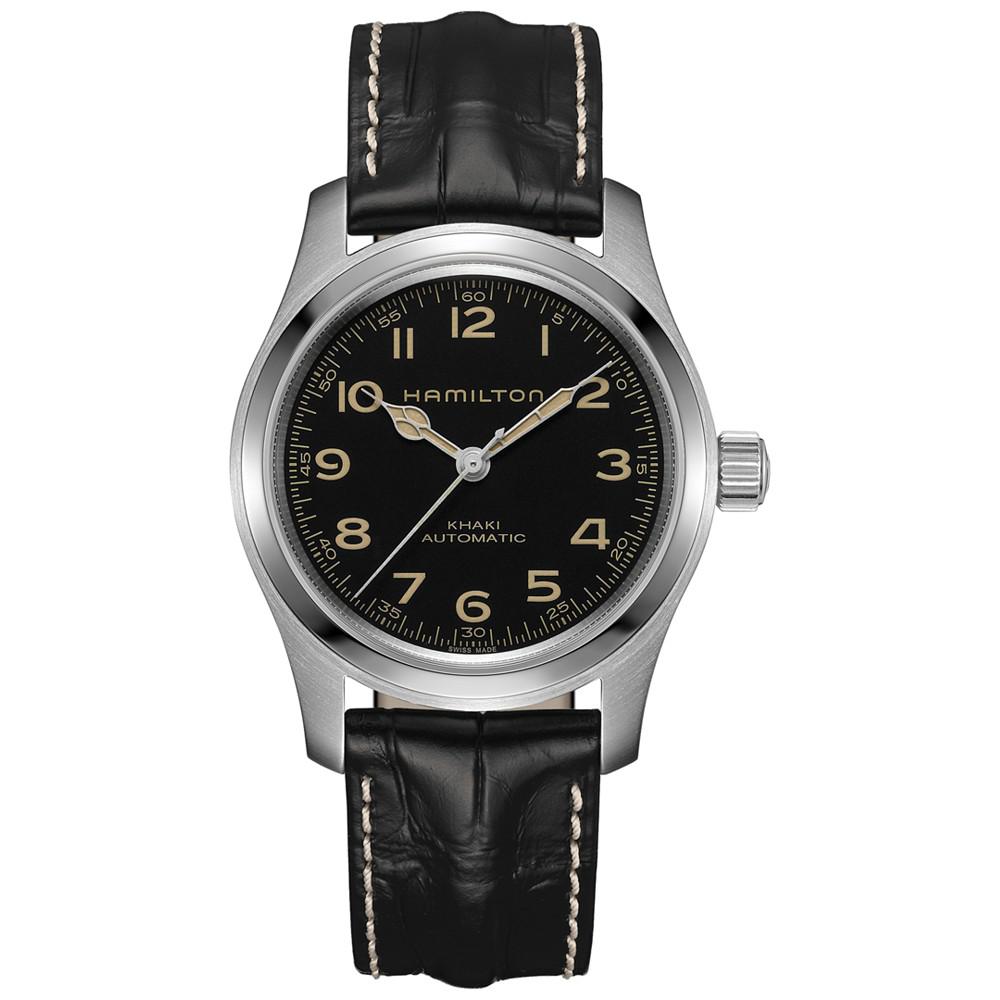 Men’s Swiss Automatic Khaki Field Black Leather Strap Watch 42mm商品第1张图片规格展示