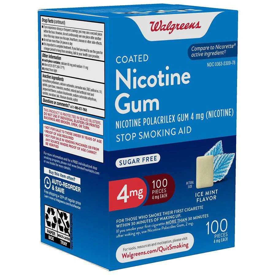 商品Walgreens|Nicotine Polacrilex Coated Gum, 4 mg, Stop Smoking Aid Ice Mint,价格¥297,第3张图片详细描述