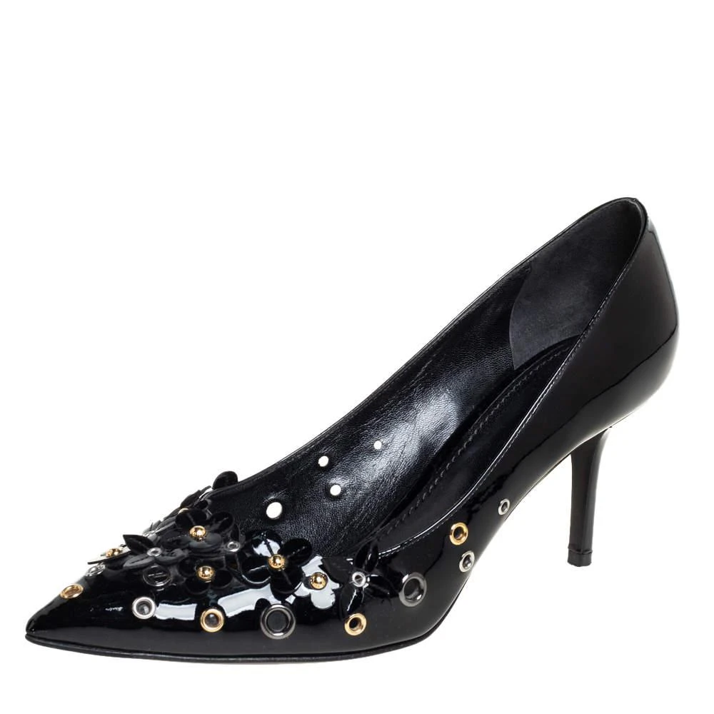 商品[二手商品] Louis Vuitton|Louis Vuitton Black Patent Leather Applique Embellished Pointed Toe Pumps Size 39.5,价格¥2457,第1张图片