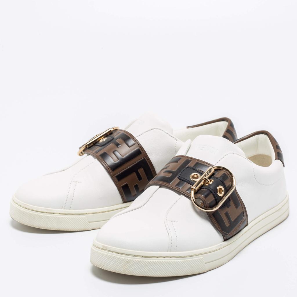 Fendi White/Brown Leather FF Low Top  Sneakers Size 37商品第2张图片规格展示