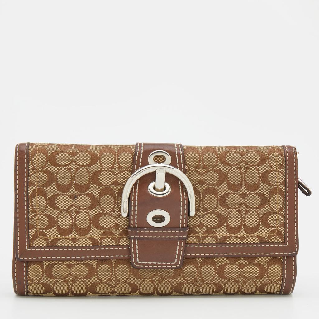 商品[二手商品] Coach|Coach Beige/Brown Signature Canvas and Leather Buckle Detail Continental Wallet,价格¥2954,第1张图片