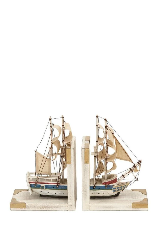 商品WILLOW ROW|White Wood Sail Boat Bookends with Real Boat Rigging - Set of 2,价格¥477,第1张图片