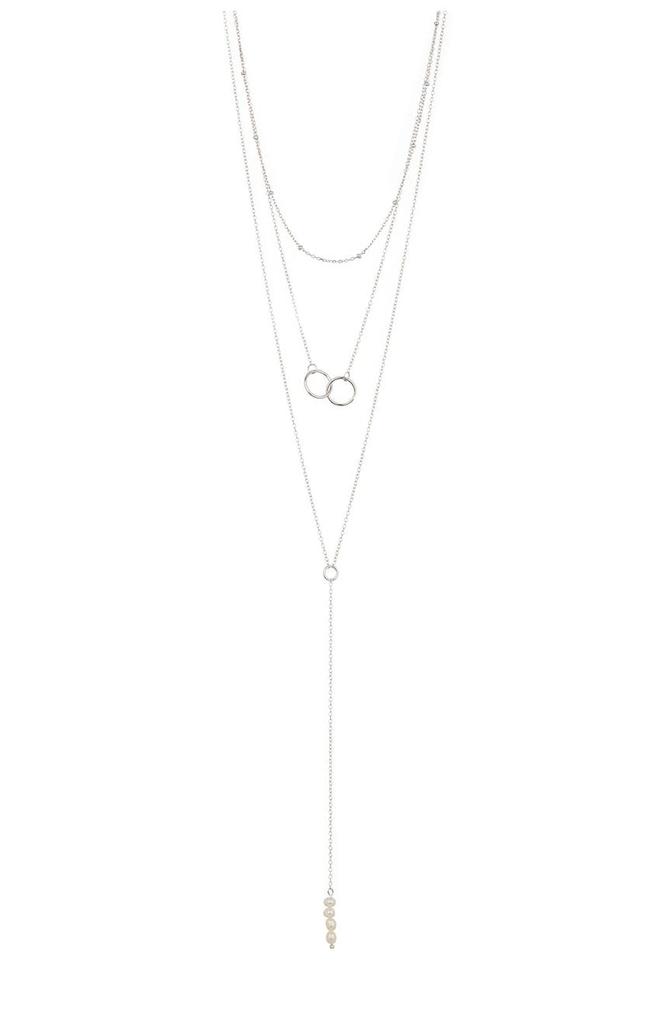White Rhodium Plated Triple Strand Interlocking Ring & 19mm Freshwater Pearl Necklace商品第1张图片规格展示