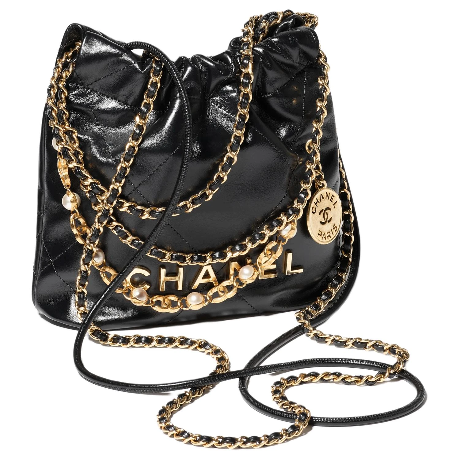 商品[国内直发] Chanel|香奈儿 22Bag 24A 品牌Logo抽绳开合 季节限定珍珠链条 亮面 小牛皮 单肩斜挎包 迷你 男女同款情侣款 黑色,价格¥45228,第3张图片详细描述