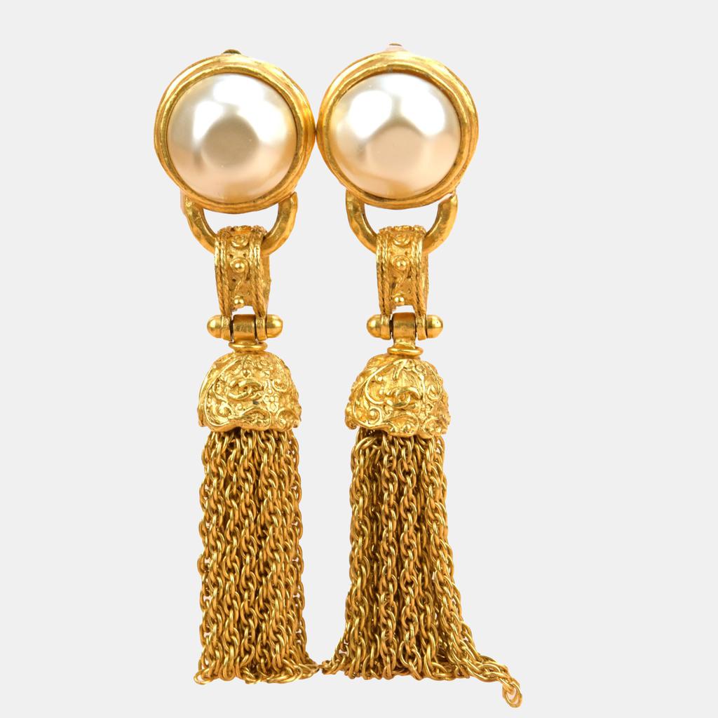 Chanel Vintage 1994 Gold Plated Pearl Fringe Tassel Dangle Clip On Earrings商品第1张图片规格展示