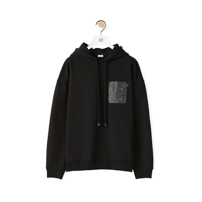 商品Loewe|【预售3-7天】LOEWE/罗意威  男士黑色棉质抓绒Anagram皮革贴片连帽衫卫衣H526Y25J12-1100,价格¥6431,第4张图片详细描述