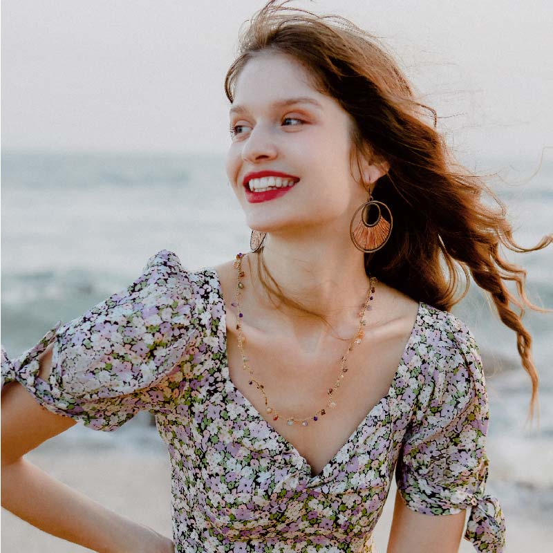 Zahra紫色小雏菊印花纽结泡泡袖复古连衣裙 | Zahra Dress - Floral Print商品第3张图片规格展示