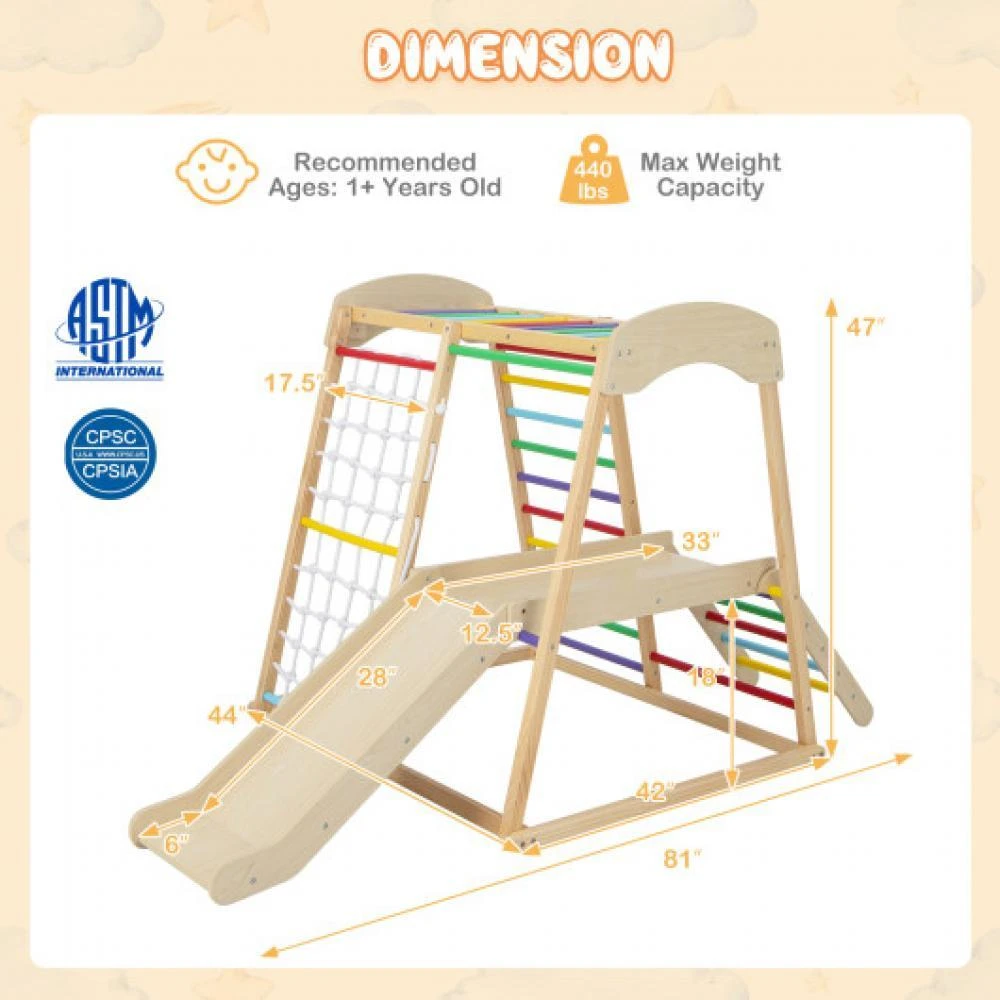 商品Hivvago|6-in-1 Indoor Jungle Gym Kids Wooden Playground with Monkey Bars-Multicolor,价格¥1839,第5张图片详细描述
