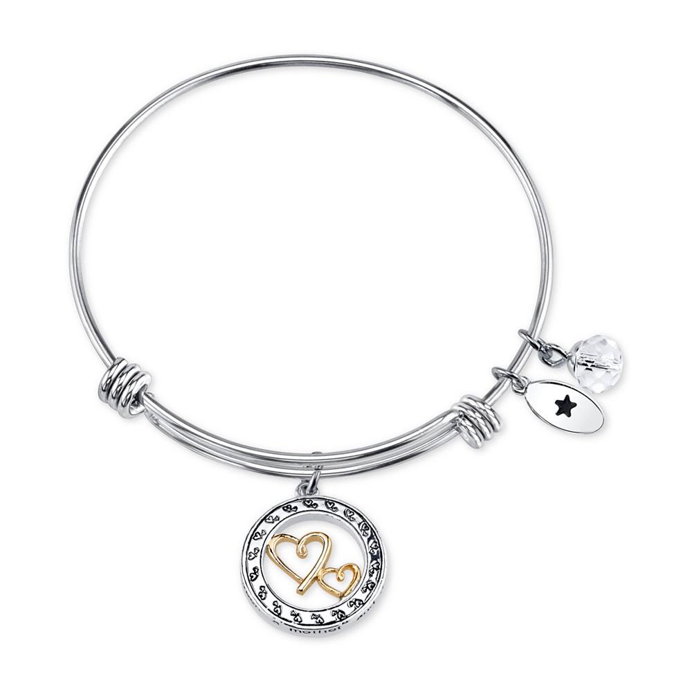 Two-Tone Double Heart Mother Daughter Charm Bangle Bracelet in Stainless Steel with Silver Plated Charms商品第1张图片规格展示
