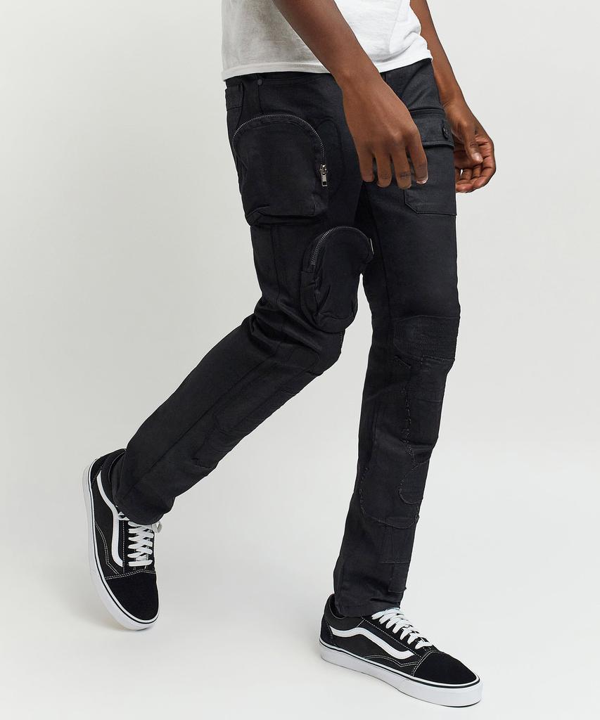 商品Reason Clothing|Sylvester Multi Pocket Utilty Waxed Cotton Embroidered Denim Jeans - Black,价格¥511,第6张图片详细描述