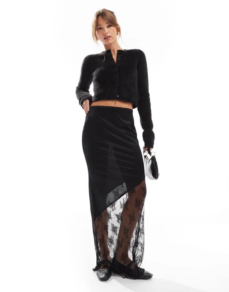 商品ASOS|ASOS DESIGN satin maxi skirt with lace insert in black,价格¥278,第1张图片