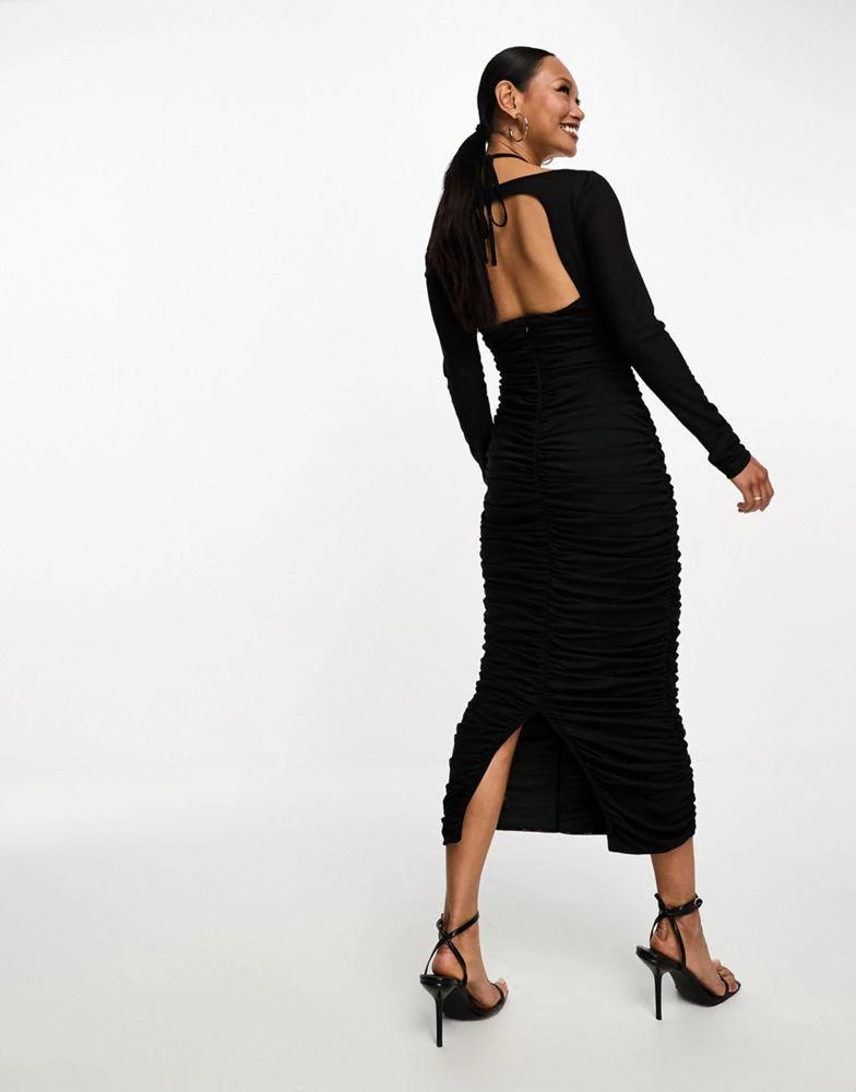 商品ASOS|ASOS DESIGN cut out ruched mesh midi dress in black,价格¥337,第3张图片详细描述
